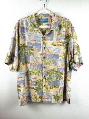 VTG Bermuda Bay 100% Silk Flamingo Hawaiian Shirt, Size XL